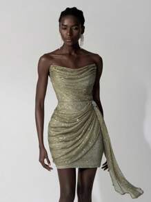 Elitara Elegant Light Military Green Tube Heavy Industry Three-Dimensional Sequins, Swung Collar, Side Gold, Detachable Three-Dimensional Flower Diamond Decoration, Front Pleats, Side Drape, Short Hip Bag, Holiday Date, Single Music Party, Wedding Event, Graduation Homecoming Season Party Gown, Wedding Guest Cocktail Dress