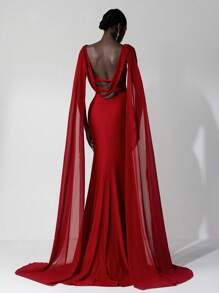 SHEIN Belle 优雅的勃艮第色垂坠领露背扭纹拼接雪纺长裙，带荷叶边拖尾，可作为晚礼服、派对礼服、婚礼宾客礼服、正式礼服 - 酒紅色 - 查看 1