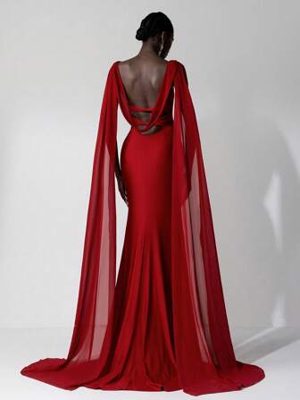 SHEIN Belle Elegant Burgundy Draped Neck Backless Twist Splice Chiffon Maxi Dress With Ruffled Train, For Evening Gown, Party Dress, Wedding Guest Dress, Formal Dress