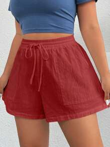 Solflare 勃艮第色编织运动风格大码女式短裤 - 酒紅色 - 查看 7