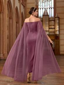 Modelyn Vestido elegante para mujer con hombros descubiertos, parches de malla y decoración de lentejuelas con flores para fiesta - Morado - Ver 2