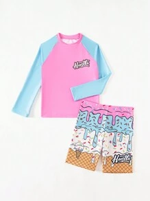 Kids Beachwear Tween Boys Stylish Ice Cream Print Long Sleeve Swimming Shirt And Swimming Trunks Set