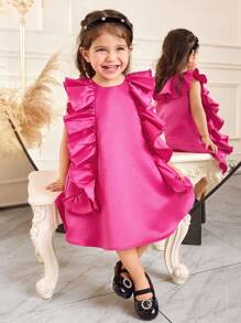 SHEIN Baby Girl Elegant Simple Cute Loose A-Line Dress With Ruffles, Rose Red - Hot Pink - View 1