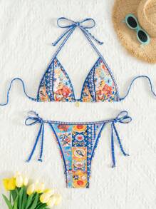 SHEIN Swim Geometryczny i kwiatowy nadruk Halter Naszyjnik z dekoracją ze złotej muszli Bikini Set, na letnie wakacje