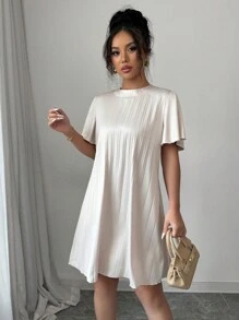 Elenzga 女士休闲褶皱荷叶边袖短袖连衣裙 - 杏色 - 查看 1