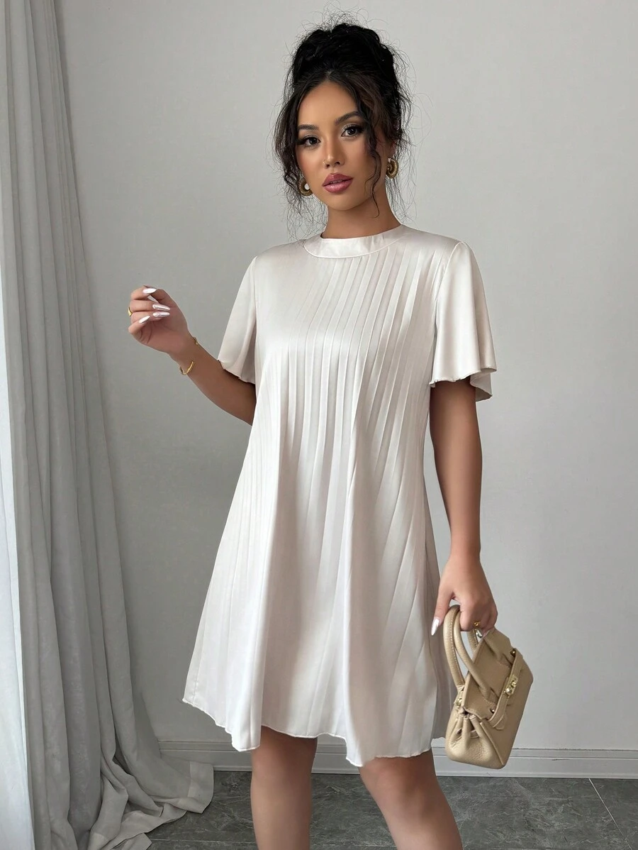 Elenzga 女士休闲褶皱荷叶边袖短袖连衣裙 - 杏色 - 查看 1