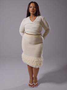 MUSERA Plus Size Long Sleeve Slinky Fitted Basic, Classy Style Crossover Top For Everyday, Date Night, Club, Holiday Spring Summer - Cream - View 5