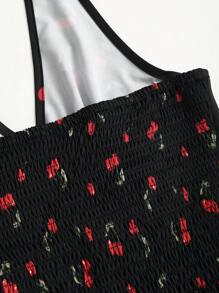 Sweetra 夏季新款可爱樱桃印花露背深 V 领系带女式连体裤 - 黑色 - 查看 4