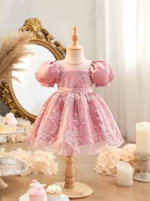 Süßes & elegantes rosa Mesh-Ärmel Kleid für Baby Mädchen