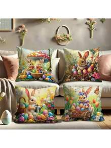 4 peças decoração de Páscoa coelho coelho ovo de Páscoa floral tulipa veludo capas de almofadas, bonito engraçado marrom laranja verde fronhas decorativas, para primavera casa sala de estar quarto sofá cama decoração, sem inserções de almofadas