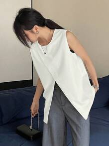 DAZY 女士休闲商务无袖上衣，纯色开衩背心