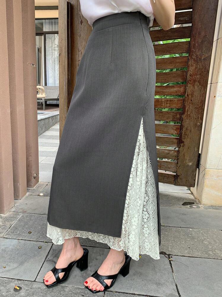 DAZY Saia Longa Elegante de Renda Patchwork Bicolor para Uso Diário - Cinza - Visão 4