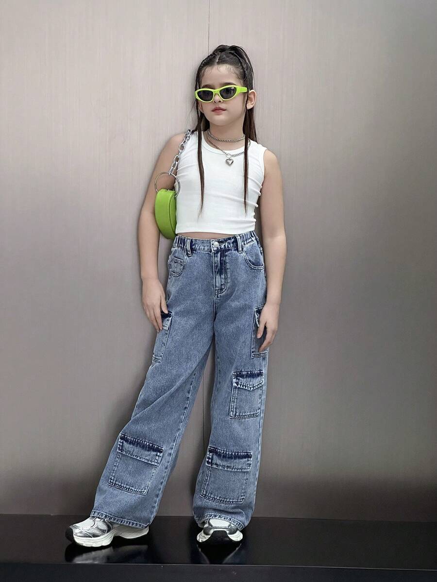 Tween Girl Y2K Casual All-Match Versatile Personalized Sweet Chic Multi-Pocket Design Soft Washed Loose Straight Leg Jeans, Hot Spring/Summer 2025 Collection Suitable For Everyday Wear - Medium Wash - View 1