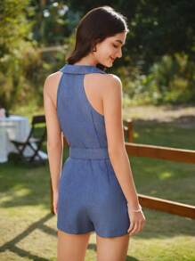 Vintamour 复古优雅经典女式连体裤，春夏合身翻领连体裤，蓝色连体裤 - 藍色 - 查看 2