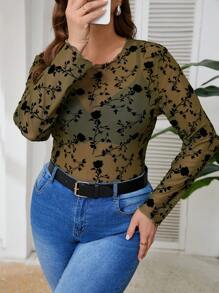 SHEIN Frenchy Große Größen Transparente Bluse mit Blumenmuster und Flockmuster für Damen