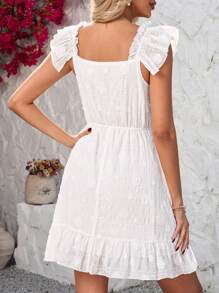 SHEIN Clasi 女式盖袖领口纹理腰部修身连衣裙 - 白色 - 查看 2
