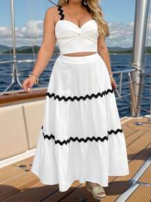 SHEIN VCAY Plus Size Black Wave Trim Twist Front Crop Top And Matching Black Wave Trim Loose A-Line Skirt, 2 Pieces Romantic Beach Outfit, Suitable For Valentine's Day, Western, Festival, Boho, Hippie, Cowgirl, Bohemian, Old Money, Summer, Beach, St. Patrick's Day