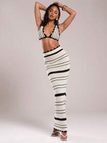 SHEIN BAE Women's Striped Long Knit Skirt, Autumn/Winter - Black and White - View 5