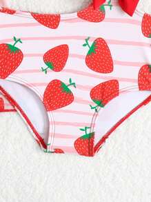 SHEIN 2pcs/Set Baby Girls Swimwear, Adorable Strawberry Print With Bow Decor One-Piece Swimsuit And Beach Cover Up - Red and White - View 4