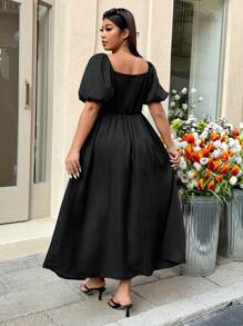 SHEIN EZwear 大码休闲黑色泡泡袖连衣裙 - 黑色 - 查看 2