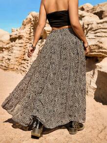 SHEIN EZwear Plus Size Retro Bohemian Leopard Print Chiffon High Waist Skirt - Brown - View 2