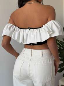SHEIN EZwear Top corto elegante de mujer con hombros descubiertos, volantes y contraste de colores