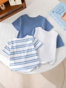 3pcs Set Baby Boys/Girls Casual Round Neck Short Sleeve Blue Striped & Solid Color Knit T-Shirts, Multi-Color, Suitable For Spring And Summer, Indoor And Outdoor Wear