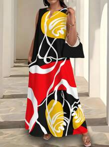 Maweii 大码夏季随机花卉印花中长连衣裙、度假、春装、夏季女装、长裙 - 彩色 - 查看 7