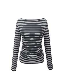 INAWLY Áo thun dài tay in hình đầu lâu sọc phong cách Y2K dành cho nữ - Xám - Xem 3