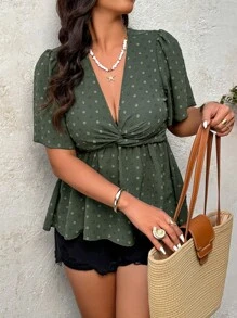 SHEIN Clasi Blusa de mujer con cuello en V profundo texturizada con pliegues delanteros de unicolor - Verde - Ver 1