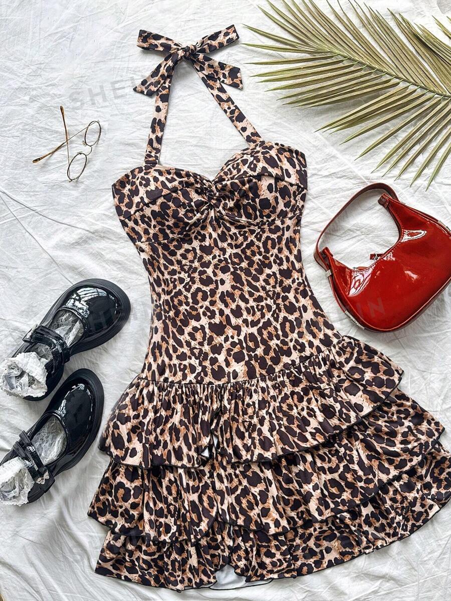 Soleia Vestido mini con cuello halter, estampado de leopardo vintage y colorido, con volantes, lazo y volantes, para vacaciones, Día de San Valentín, vestido para mujer, vestido de cumpleaños para mujer, Mardi Gras