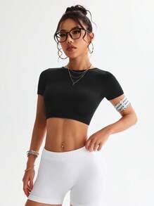 SHEIN Sports Top de sport récolté femme avec dos croisé bicolore - Bleu azur - Voir 5