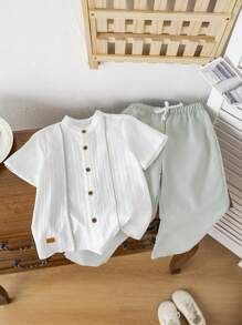 SHEIN Leap Crew 2pcs/Set Young Boys Casual Minimalist Short Sleeve Top & Pants - White - View 4