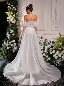 Glamrae Đầm Maxi trễ vai tay dài trong suốt thêu ngọc trai giả màu trắng lãng mạn thanh lịch, phù hợp cho sự kiện cưới và váy cưới - trắng - Xem 2