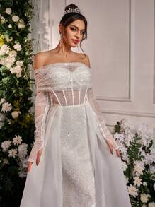 Glamrae Đầm Maxi trễ vai tay dài trong suốt thêu ngọc trai giả màu trắng lãng mạn thanh lịch, phù hợp cho sự kiện cưới và váy cưới - trắng - Xem 5