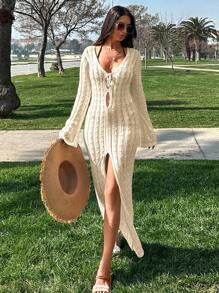 EURMUSE Váy hở đùi đan móc cho nữ, dành cho kỳ nghỉ hè ở bãi biển - Màu be - Xem 6