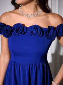 Modelyn Women's Elegant Floral Off Shoulder Dress, Glamorous & Romantic For Banquet - Blue - View 7