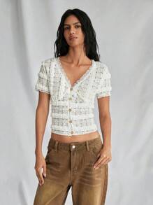SHEIN Unity 1pc Women's White Lace Trim V-Neck Button Up Casual T-Shirt, Boho Style, Suitable For Music Festivals & Vacation, Spring/Summer - White - View 1