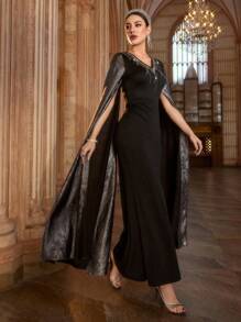 Modelyn Women's Long Sleeve Rhinestone Studded Elegant Arabian Dress - Black - View 5