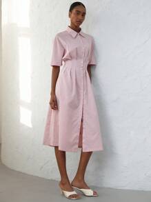 Aveloria Modichic Vintage Red & White Striped Long Dress With Loose Sleeves, Waist Ruched Pleats, Turndown Collar, Dress For Women