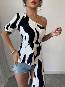 Elenzga Women's Elegant, Fashionable, Commute And Vacation Casual Asymmetric Shoulder Neck And Hem Printed Shirt (Random Print)
