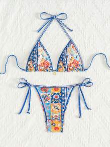SHEIN Swim Geometryczny i kwiatowy nadruk Halter Naszyjnik z dekoracją ze złotej muszli Bikini Set, na letnie wakacje