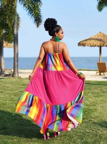 Slaydiva Plus Size 2025 New Vacation Casual Sleeveless Loose Solid/Rainbow Print Patchwork A-Line Dress For Summer