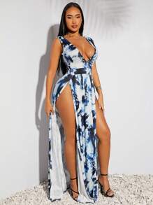 SHEIN SXY Abito lungo elegante da donna stile occidentale, colore blu e bianco, motivo tie-dye, maglia elastica, scollo a v profondo, senza maniche, silhouette slim con doppio spacco laterale, adatto per primavera, estate, vacanze, matrimoni, San Valentino