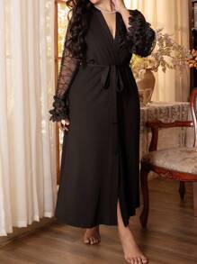 Plus Size Long Floral Lace Trim Mesh Insert Robe - Black - View 5