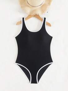 Traje de baño de una pieza con contraste de color negro y blanco, minimalista y lindo para vacaciones en la playa para niñas preadolescentes