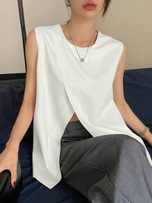 DAZY 女士休闲商务无袖上衣，纯色开衩背心