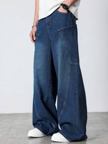 Manfinity Hypemode Men's Pocket Wide Leg Relaxed Casual Versatile Denim Jeans - Blue - View 6