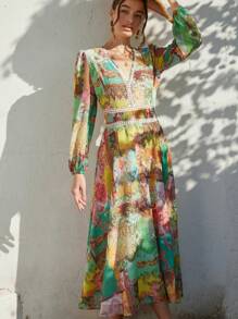 Aveloria Rosie Lace Hollow Floral Print Chiffon Romantic Spring/Summer Dress Boho Vacation Fashionable Style For Spring Fall - Multicolor - View 5