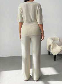 EURMUSE 女士纯色前扣罗纹针织开衫和毛衣裤套装 - 米色 - 查看 2